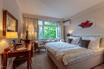 a bedroom with a bed and a desk and a window at Solitaire in Poděbrady