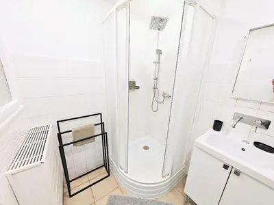 a white bathroom with a shower and a sink at Zizkov studio -004- in Prague