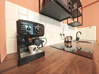 a kitchen with a coffee machine on a counter at Zizkov studio -004- in Prague