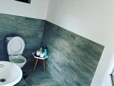 a bathroom with a toilet and a sink at Chatka Jägerhaus K myslivně 26 in Libochovice