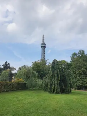 a tree in a field with a tower in the background at Cozy Apt Near Prague Castle in Prague