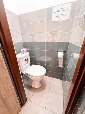 a small bathroom with a toilet and a shower at 3 Apartments in 1 location in Prague