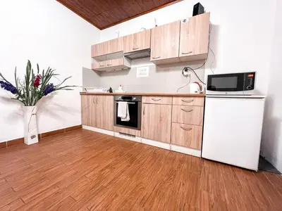 a kitchen with wooden cabinets and a white refrigerator at 3 Apartments in 1 location in Prague