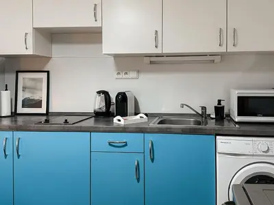 a kitchen with blue cabinets and a sink and a microwave at ELSO apartments in Prague