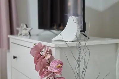 a white dresser with a mirror and flowers on it at Finnem Rentals Kyjevská in Prague
