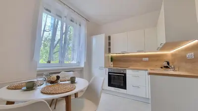 a white kitchen with a table and chairs and a sink at Finnem Rentals Průběžná in Prague