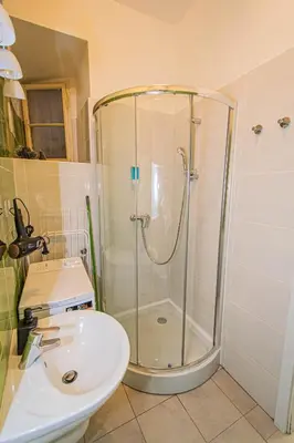 a bathroom with a shower and a toilet and a sink at Ruterra Apartment Cimburkova in Prague