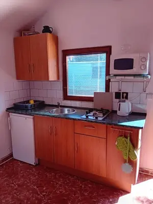 a small kitchen with a sink and a microwave at Apartmánová chata Martina in Hradištko