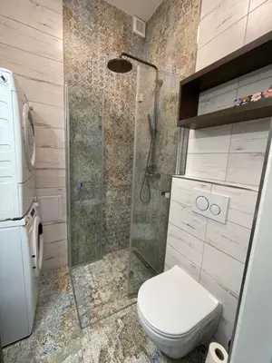 a bathroom with a toilet and a glass shower at Vantisch Studio in Prague