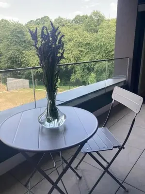 a vase of flowers sitting on a table on a balcony at New apartment in Karlín, Praha 8, close to center in Prague