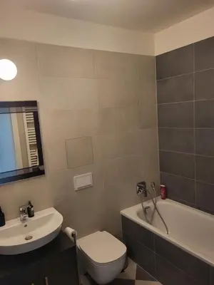 a bathroom with a toilet and a sink and a tub at New apartment in Karlín, Praha 8, close to center in Prague