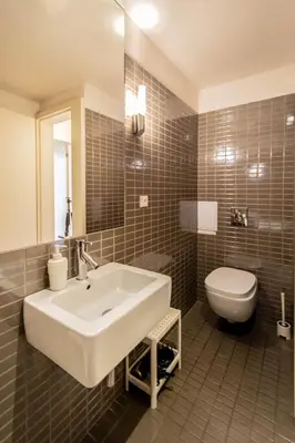 a bathroom with a white sink and a toilet at Modern Apartment With Balcony and Garage in Prague
