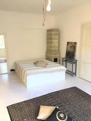 a bedroom with a bed and a rug on the floor at Byt v srdci Žižkova Praha 3 in Prague