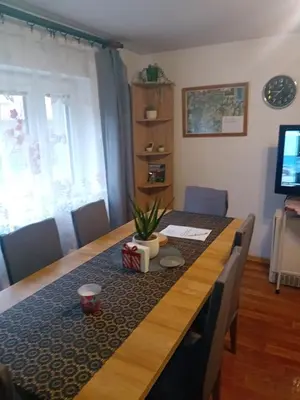 a dining room table with a plant on top of it at Rekreační chata Kocába in Štěchovice