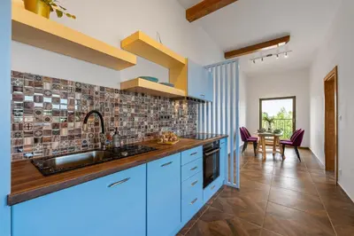 a kitchen with blue cabinets and a sink at LASKARA Garden Apartment by Prague Forest in Nové Jirny