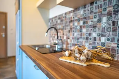 a kitchen counter with a bunch of spiders on a cutting board at LASKARA Garden Apartment by Prague Forest in Nové Jirny