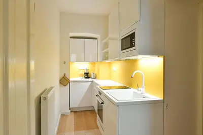 a white kitchen with a sink and a microwave at Kubelíkova 32 Residence in Prague