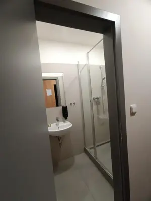 a bathroom with a sink and a shower at Hotel a ubytovna Zimní stadion Slaný in Slaný