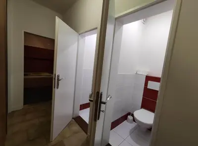 a bathroom with a toilet and a shower in it at Hotel a ubytovna Zimní stadion Slaný in Slaný