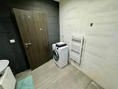 a bathroom with a washing machine and a sink at Byt apartman 74m2 vyhled klid priroda in Prague