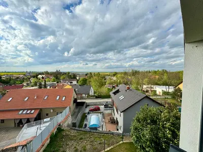 an overhead view of a house with a swimming pool at Byt apartman 74m2 vyhled klid priroda in Prague