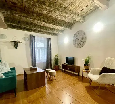 a living room with a couch and a tv at U Zeleného jalovce in Prague