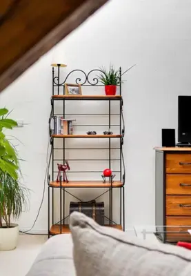 a shelf in a living room with a couch at Lenka's cozy Red studio + Lenka's cozy Gold apartment in Prague