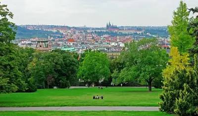 a group of people sitting in a field in a park at Modern Apartment Riegrovy sady in Prague