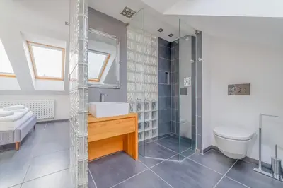 a bathroom with a shower and a sink and a toilet at ModaLoft Duplex by Rentez in Prague