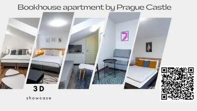 a collage of four pictures of a room at The Bookhouse, 5-bedroom residence by Prague Castle in Prague