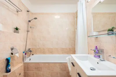 a bathroom with a tub and a sink and a shower at Private Retreat Close to Stations in Praha 3 in Prague
