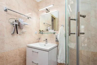 a bathroom with a sink and a shower at Private Retreat Close to Stations in Praha 3 in Prague