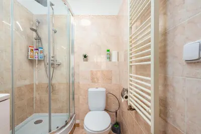 a bathroom with a toilet and a shower at Private Retreat Close to Stations in Praha 3 in Prague