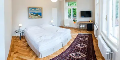 a bedroom with a white bed and a rug at Vila Olga in Jevany