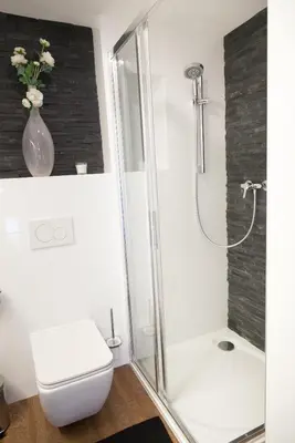 a bathroom with a toilet and a glass shower at Apartmán 3kk - 115m2 v klidné lokalitě - Praha 4 in Prague