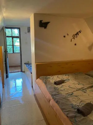 a bedroom with a bed with birds on the wall at Rekreační chata Hradištko in Hradištko