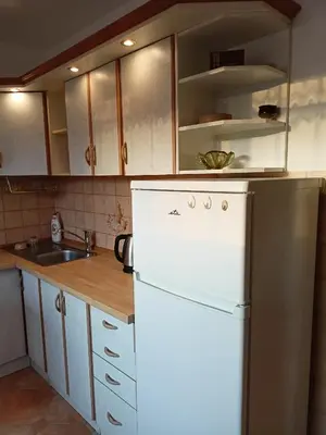 a kitchen with a white refrigerator and a sink at Zálesí in Prague