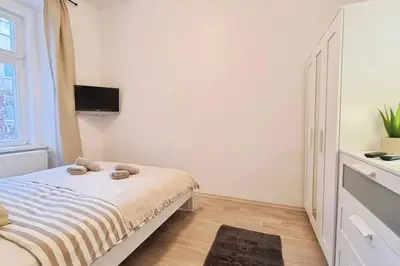 a bedroom with a bed and a tv on the wall at Finnem Rentals Pernerova in Prague