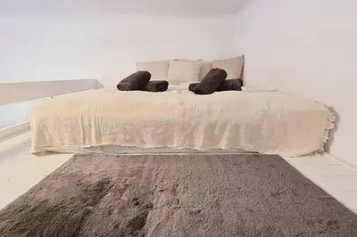 a white bed with pillows and a rug on it at Finnem Rentals Pernerova in Prague