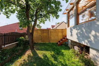 a backyard with a tree and a fence at Entire house with garden near Prague in Benešov