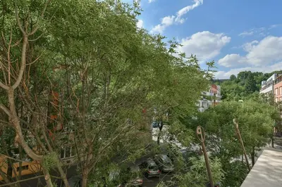 a view of a river with trees and buildings at ANGEL apartment Prague in Prague