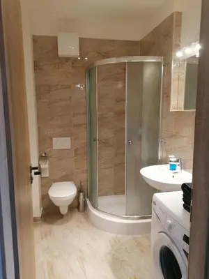 a bathroom with a shower and a toilet and a sink at Brand new studio apartment # 45 with free parking in the city center in Prague