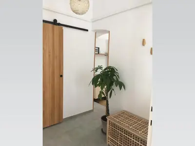 a hallway with a door and a potted plant at Stylish apartment 5 mins from the Charles Bridge in Prague