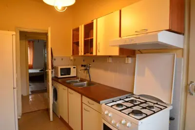 a kitchen with a white stove and a sink at Retro Apartment Praha in Prague