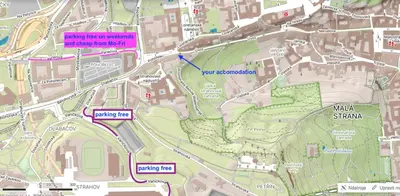 a map of a city with a purple arrow at Hradčany apartment with green energy in Prague