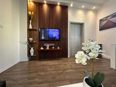 a living room with a tv on a wall at O2 Aréna -PVA expo - Tomy Apartment -Praha in Prague