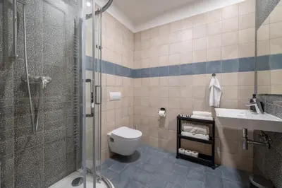 a bathroom with a shower and a toilet and a sink at Palace Petrarca in Prague