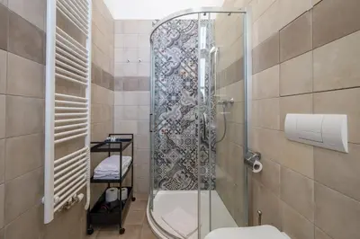 a bathroom with a shower and a toilet in it at Palace Petrarca in Prague