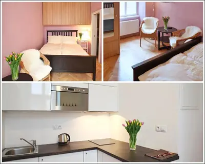 two pictures of a bedroom with a bed and a sink at Lovely Lila apartment in Prague