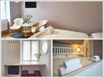 two pictures of a bedroom with a bed and a table at Grey cozy apartment in Prague